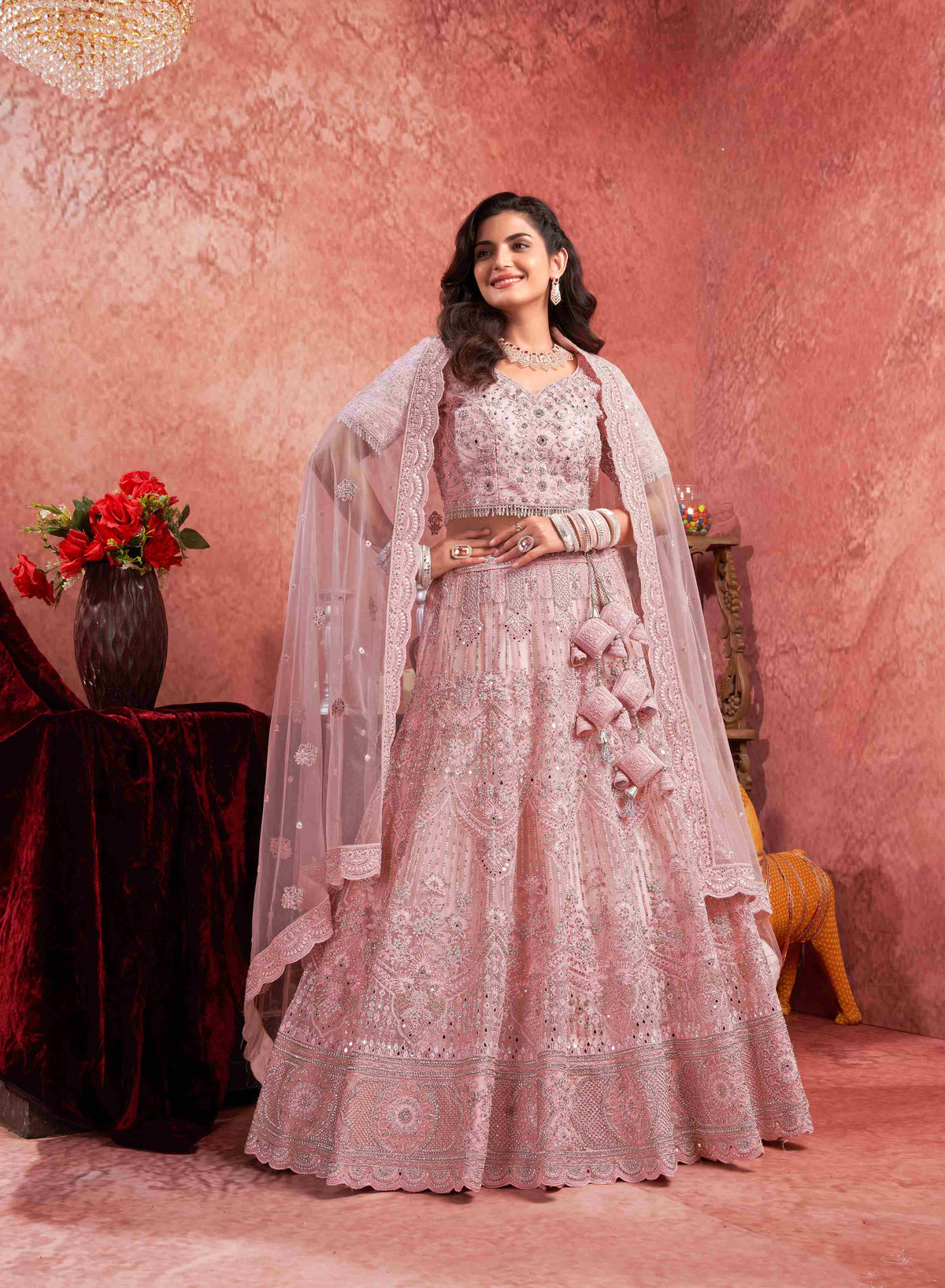 Pink Net Zarkan With Latkan Bridal Lehenga Choli