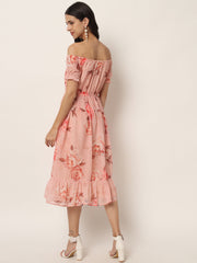 Pink Georgette Floral Print Midi Dress