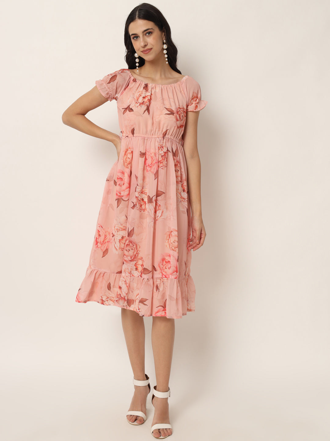 Pink Georgette Floral Print Midi Dress