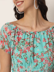 Sea Green Georgette Floral Print Midi Dress