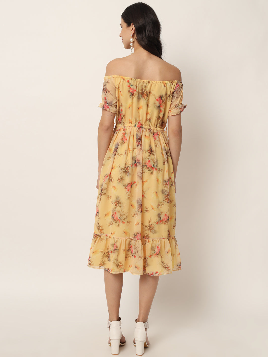 Yellow Georgette Floral Print Midi Dress