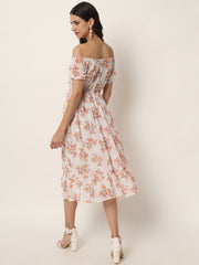 Off White Georgette Floral Print Midi Dress