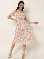 Off White Georgette Floral Print Midi Dress