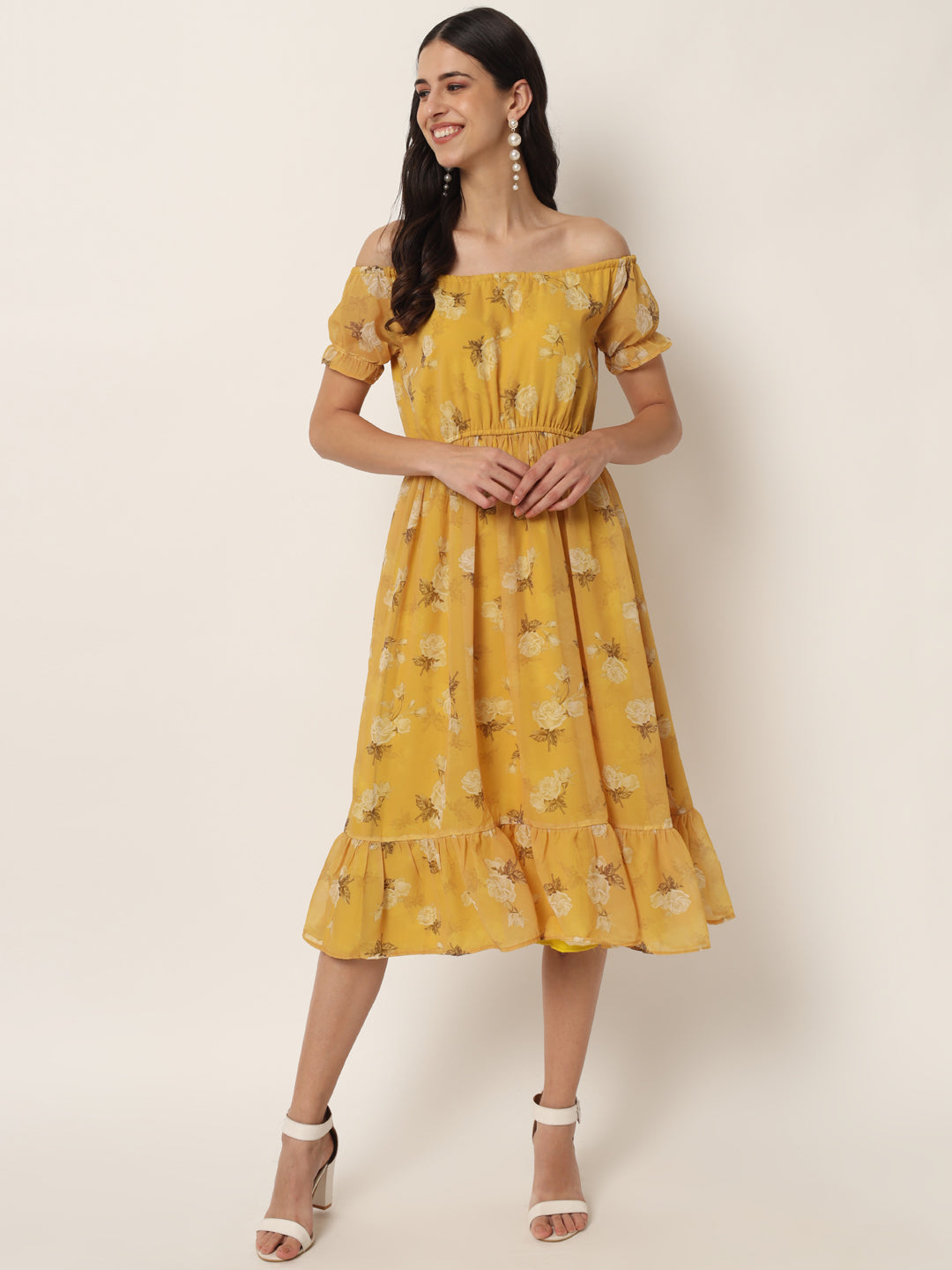 Mustard Georgette Floral Print Midi Dress