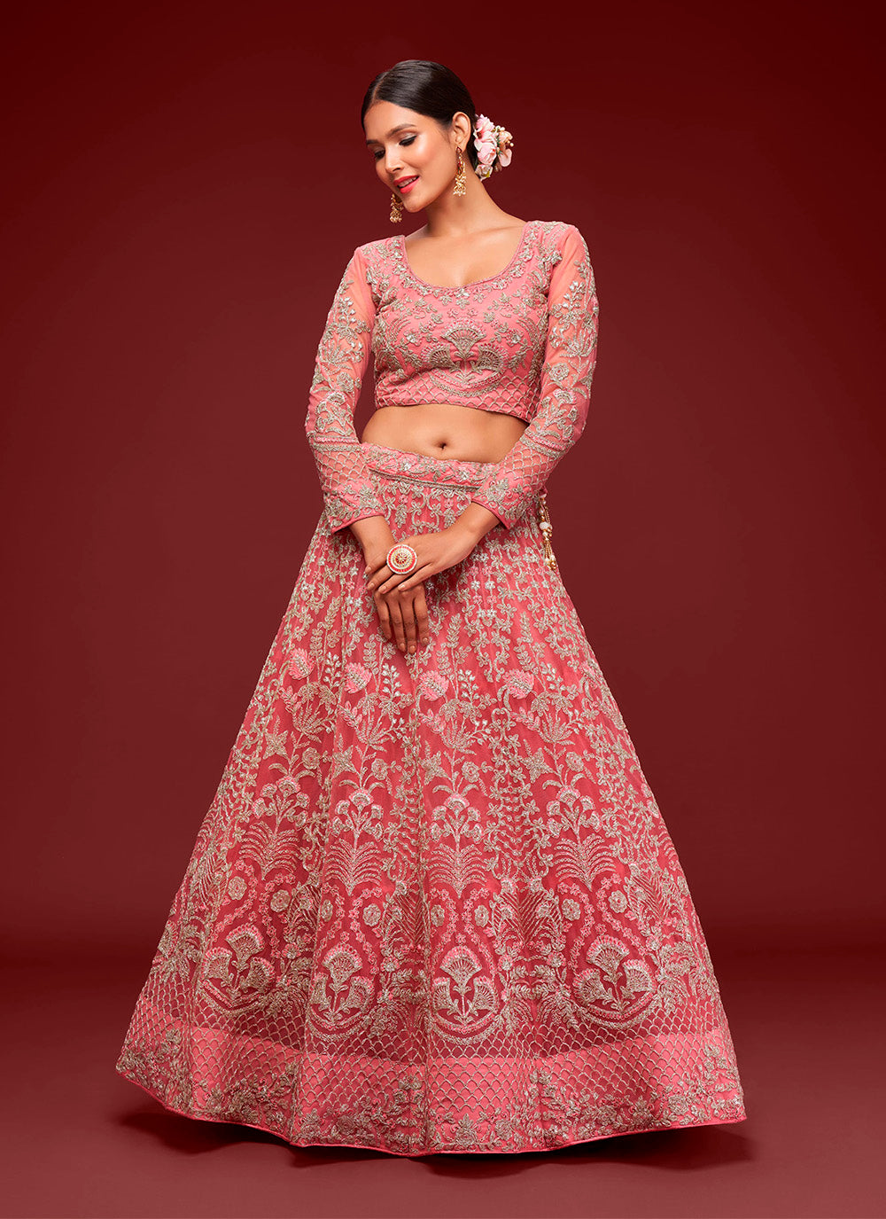 Light Pink Zari Embroidered Net Lehenga Choli