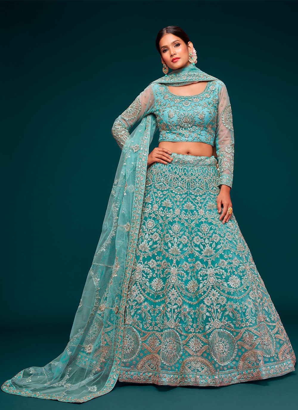 Aqua Zari Embroidered Net Lehenga Choli