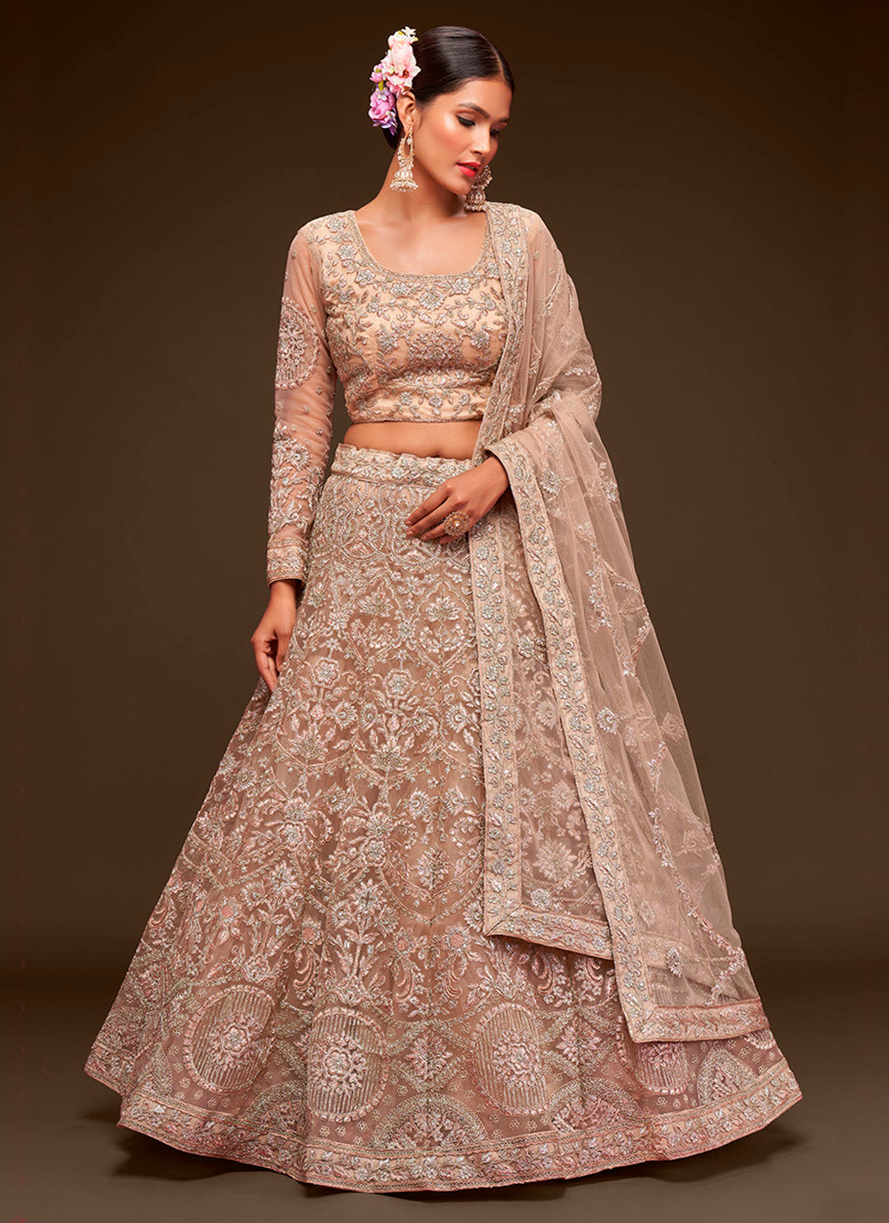 Light Beige Zari Embroidered Net Lehenga Choli