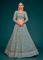 Aqua Blue Zari Embroidered Net Lehenga Choli