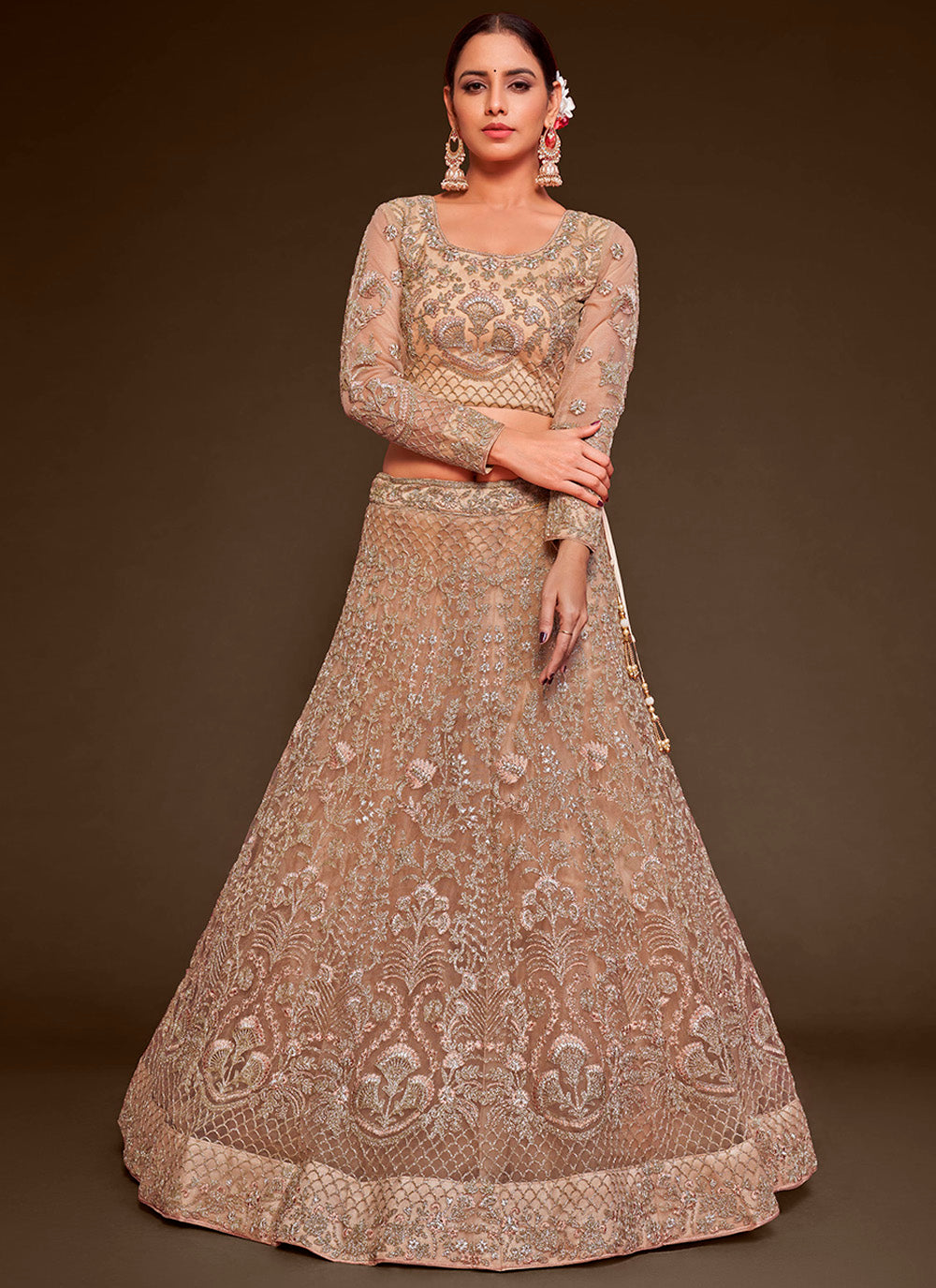 Beige Zari Embroidered Net Lehenga Choli