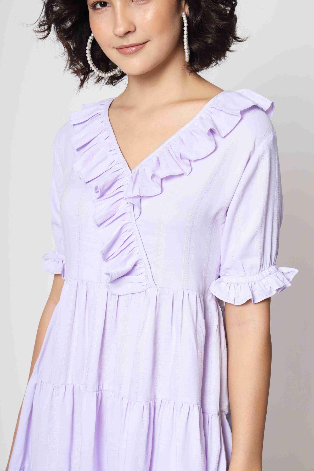 Light Purple Viscose Frill Solid Western Short Dress