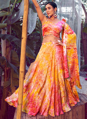 Orange Printed Silk Lehenga Choli