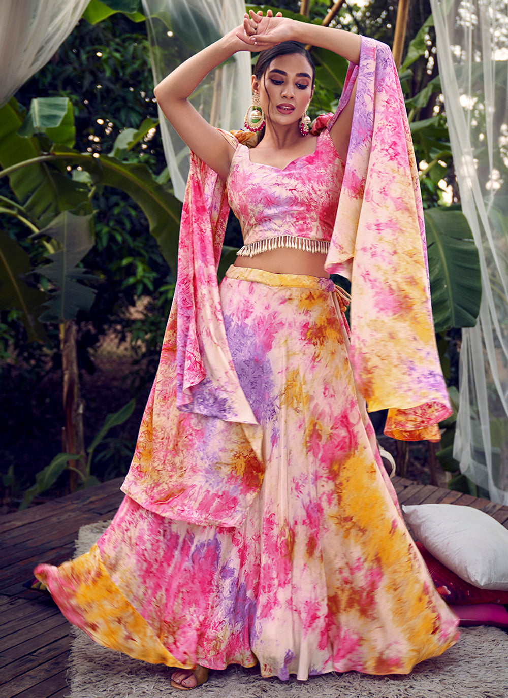 Pink Printed Silk Lehenga Choli