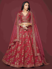 Red Sequins Dori Embroidered Net Lehenga Choli