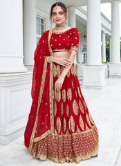 Lehenga Choli en imitation georgette brodée de paillettes rouges