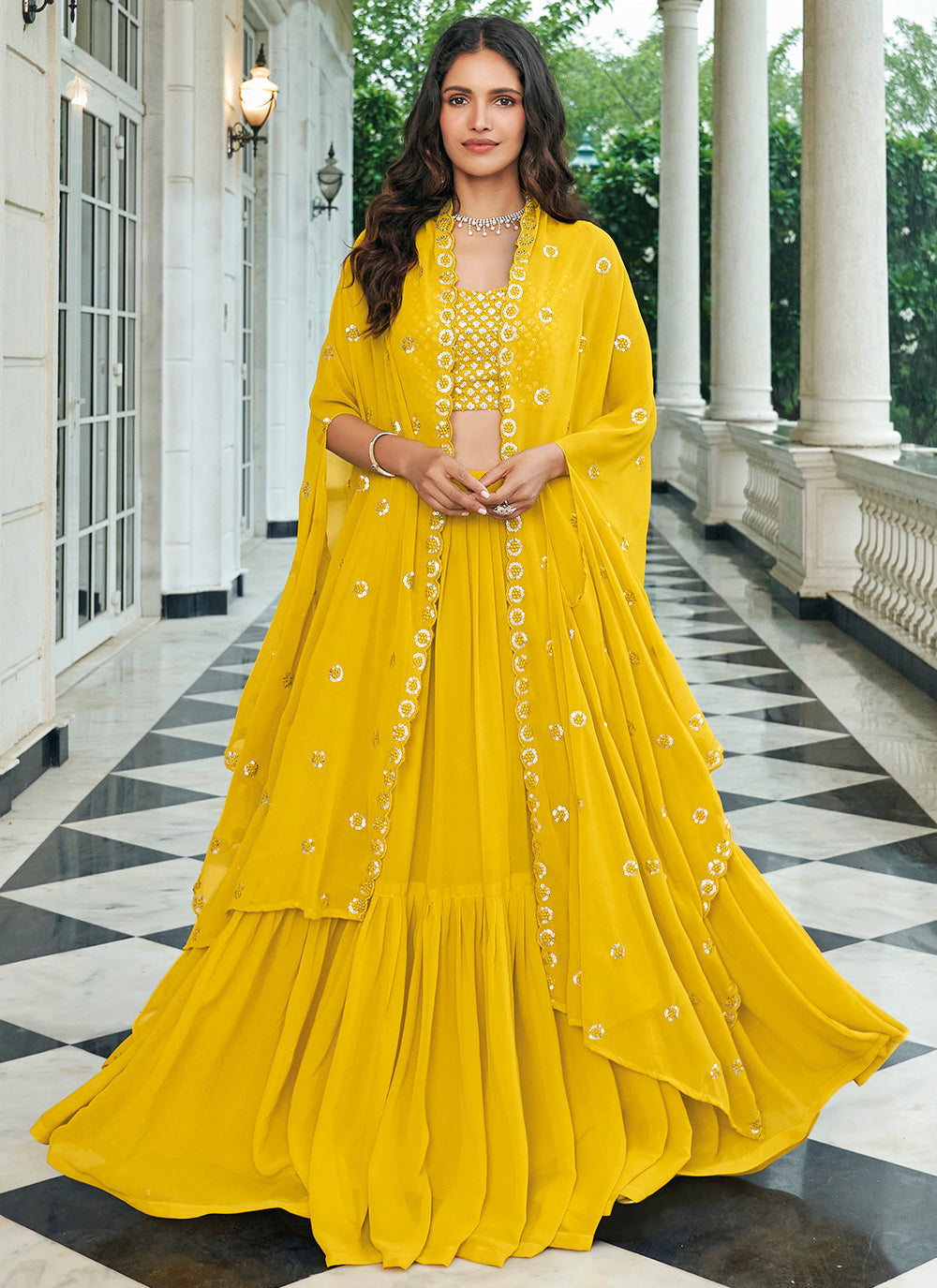 Yellow Sequins Embroidered Faux Georgette Lehenga Choli