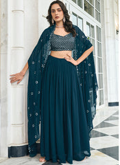 Lehenga Choli en imitation georgette brodée de paillettes bleu sarcelle