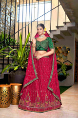 Red Crush Embroidered Chinon Lehenga Choli