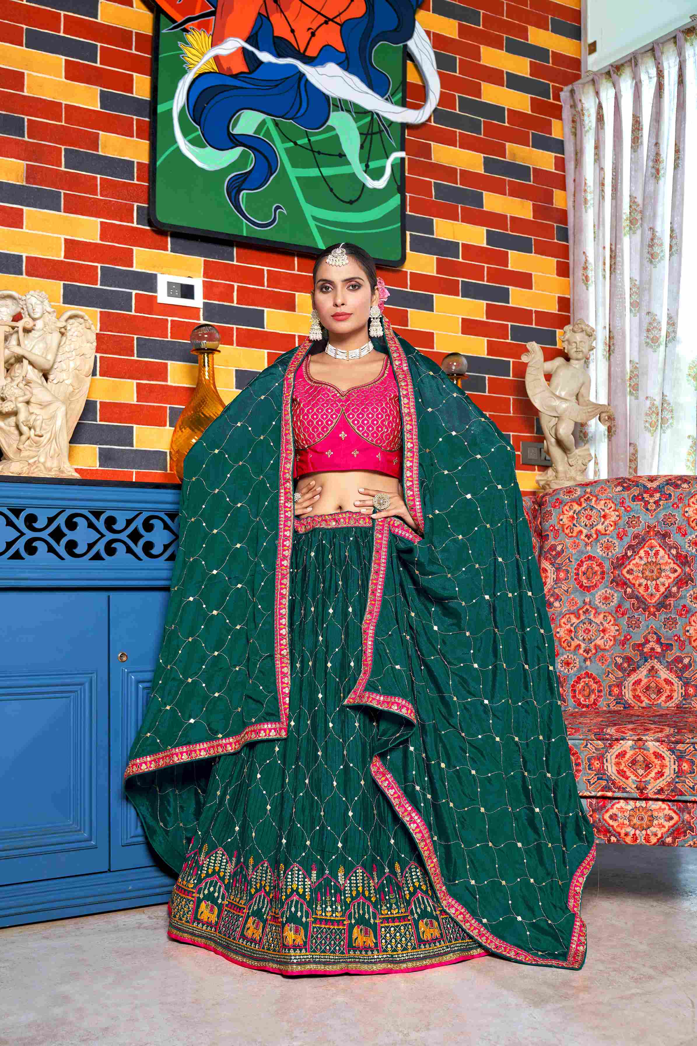 Rama Crush Embroidered Chinon Lehenga Choli