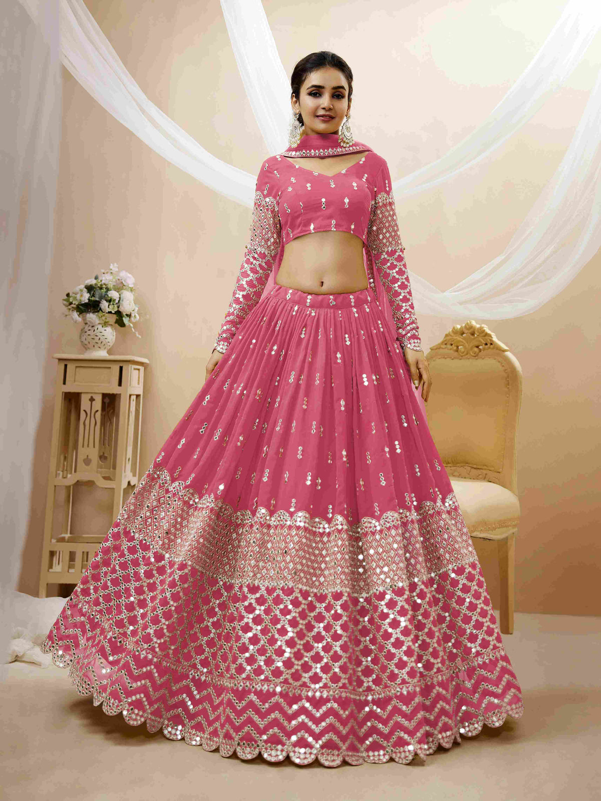 Pink Sequins Embroidered Net Lehenga Choli