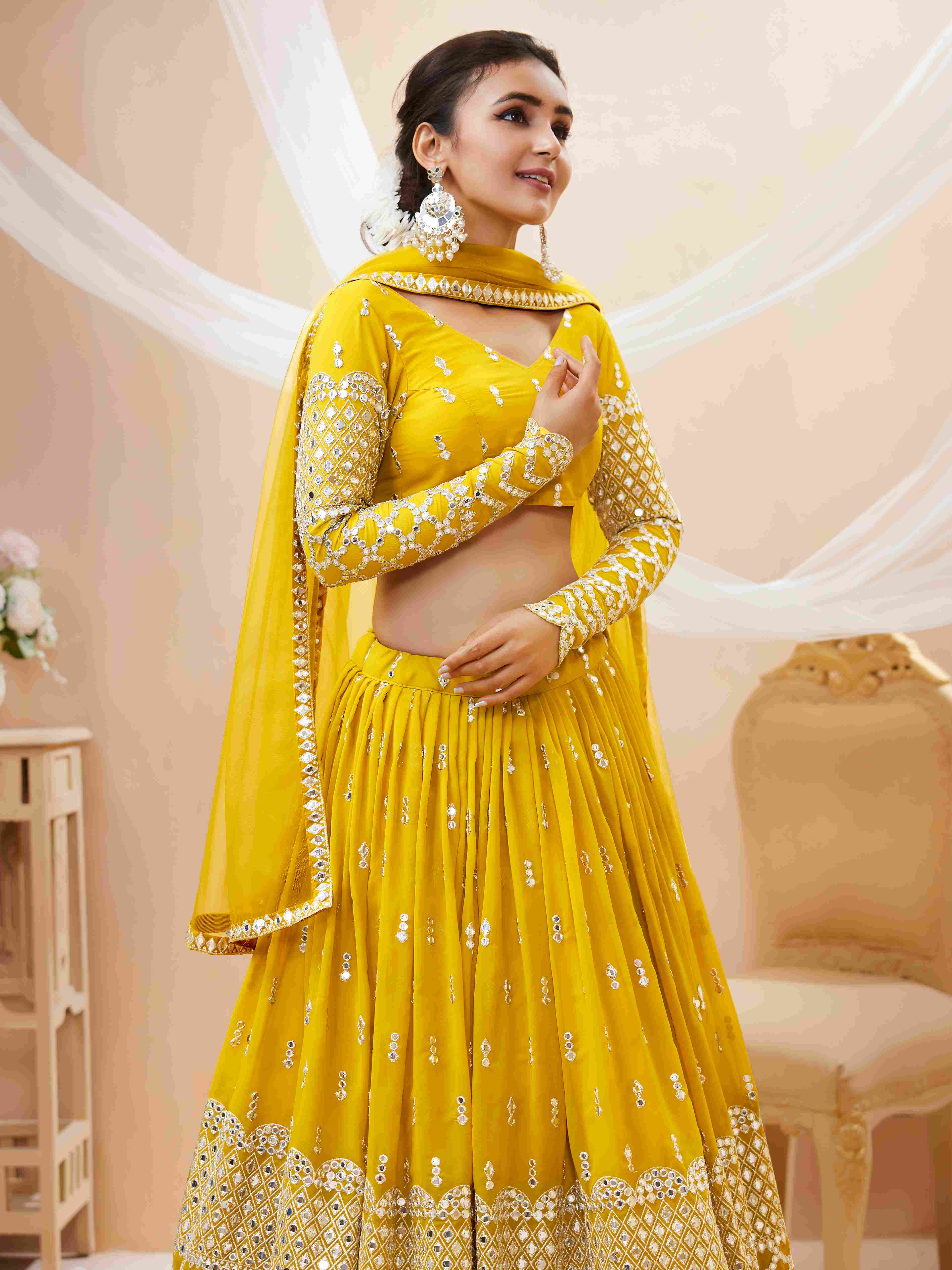 Yellow Sequins Embroidered Net Lehenga Choli