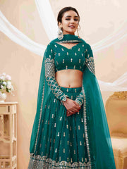 Teal Blue Sequins Embroidered Net Lehenga Choli