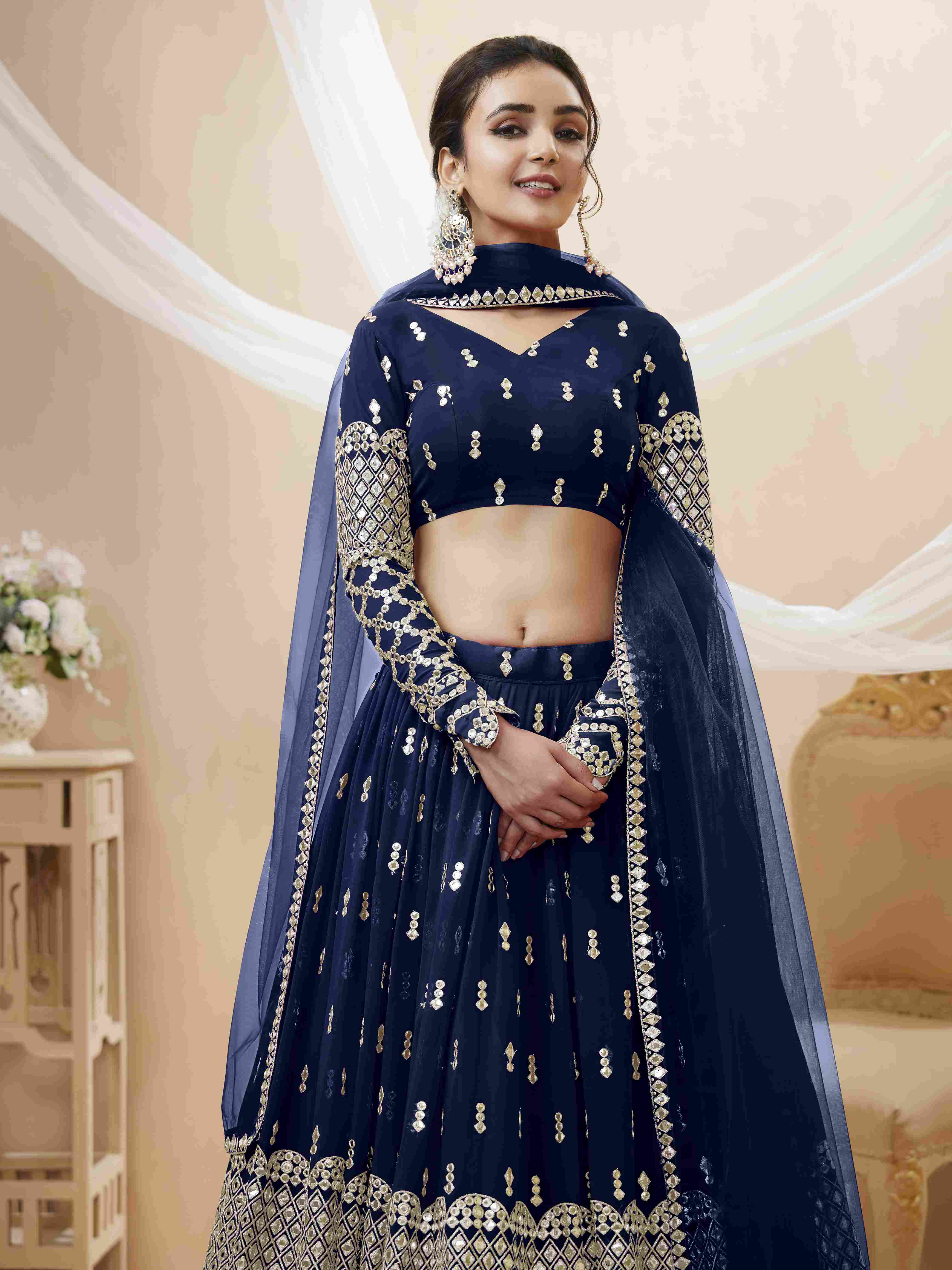 Navy Blue Sequins Embroidered Net Lehenga Choli