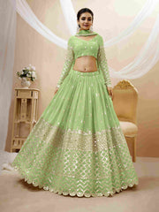 Pista Green Sequins Embroidered Net Lehenga Choli