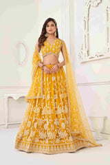 Mustard Yellow Sequins Embroidered Net Lehenga Choli