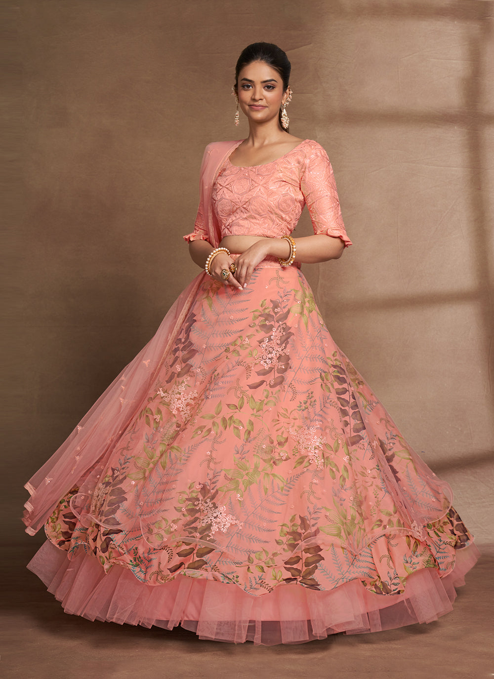 Lehenga Choli en filet imprimé numérique pêche