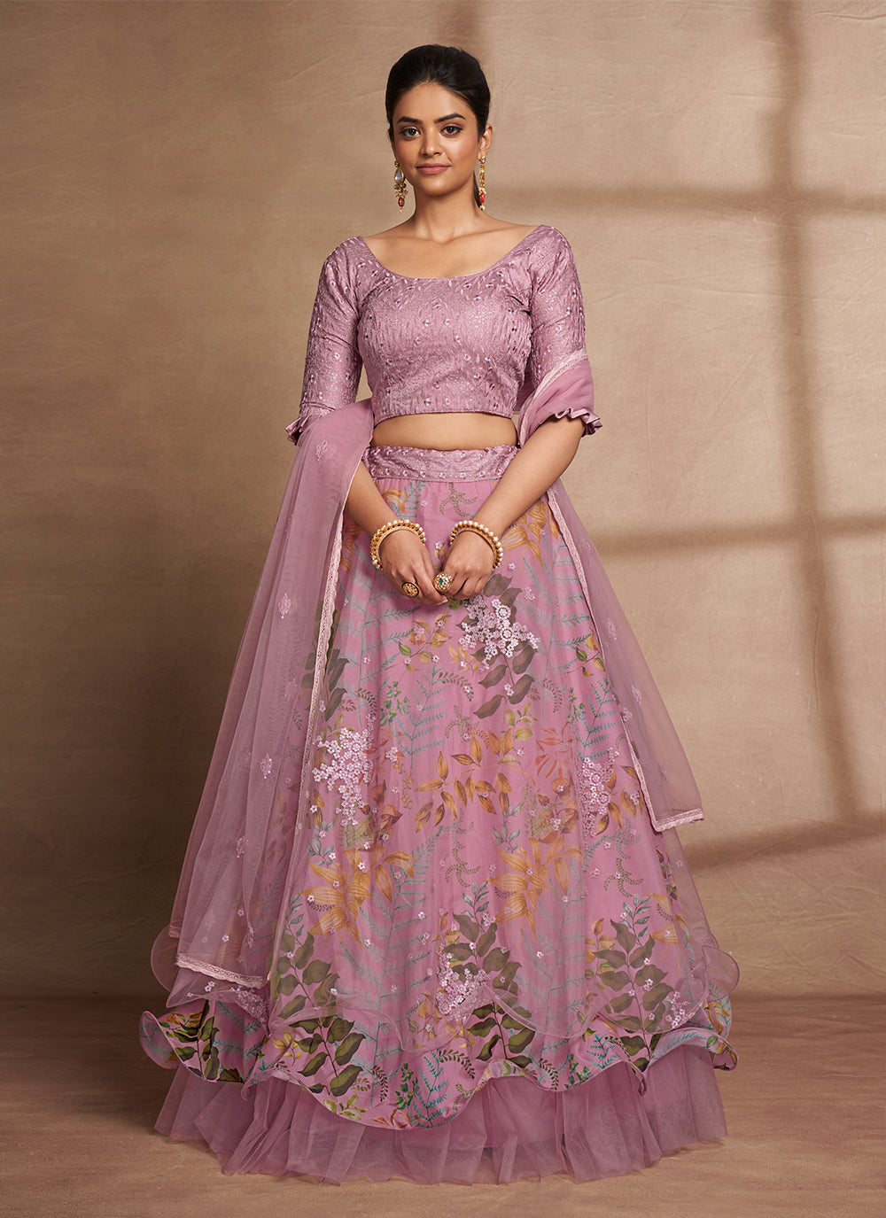 Lehenga Choli en filet imprimé numérique violet