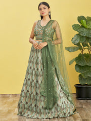 Lehenga Choli en filet imprimé vert