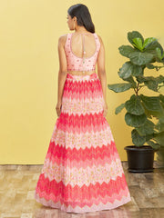 Pink Printed Net Lehenga Choli