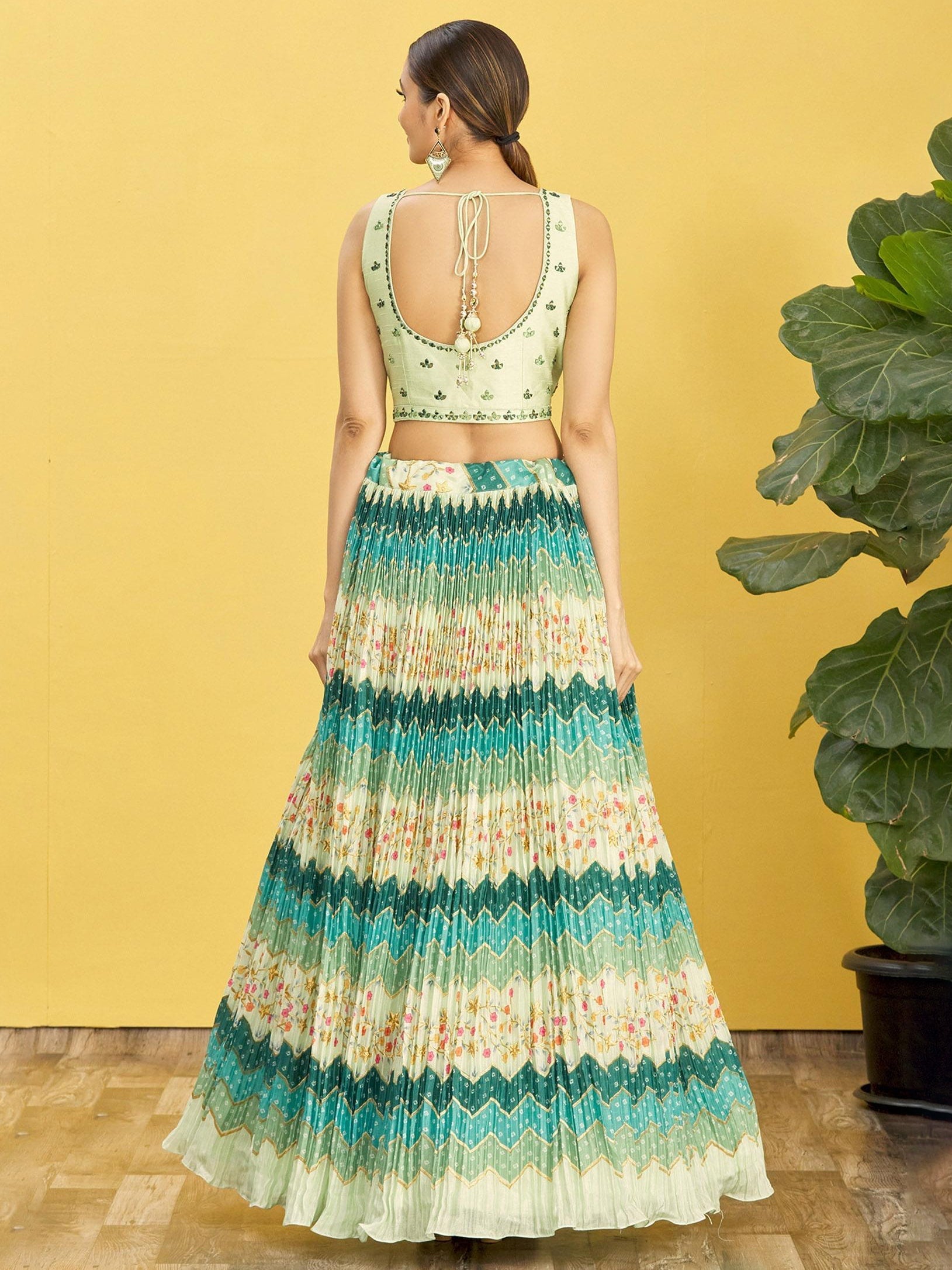 Green Printed Net Lehenga Choli