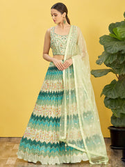 Green Printed Net Lehenga Choli