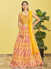 Yellow Printed Net Lehenga Choli