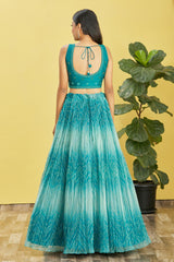 Blue Printed Net Lehenga Choli