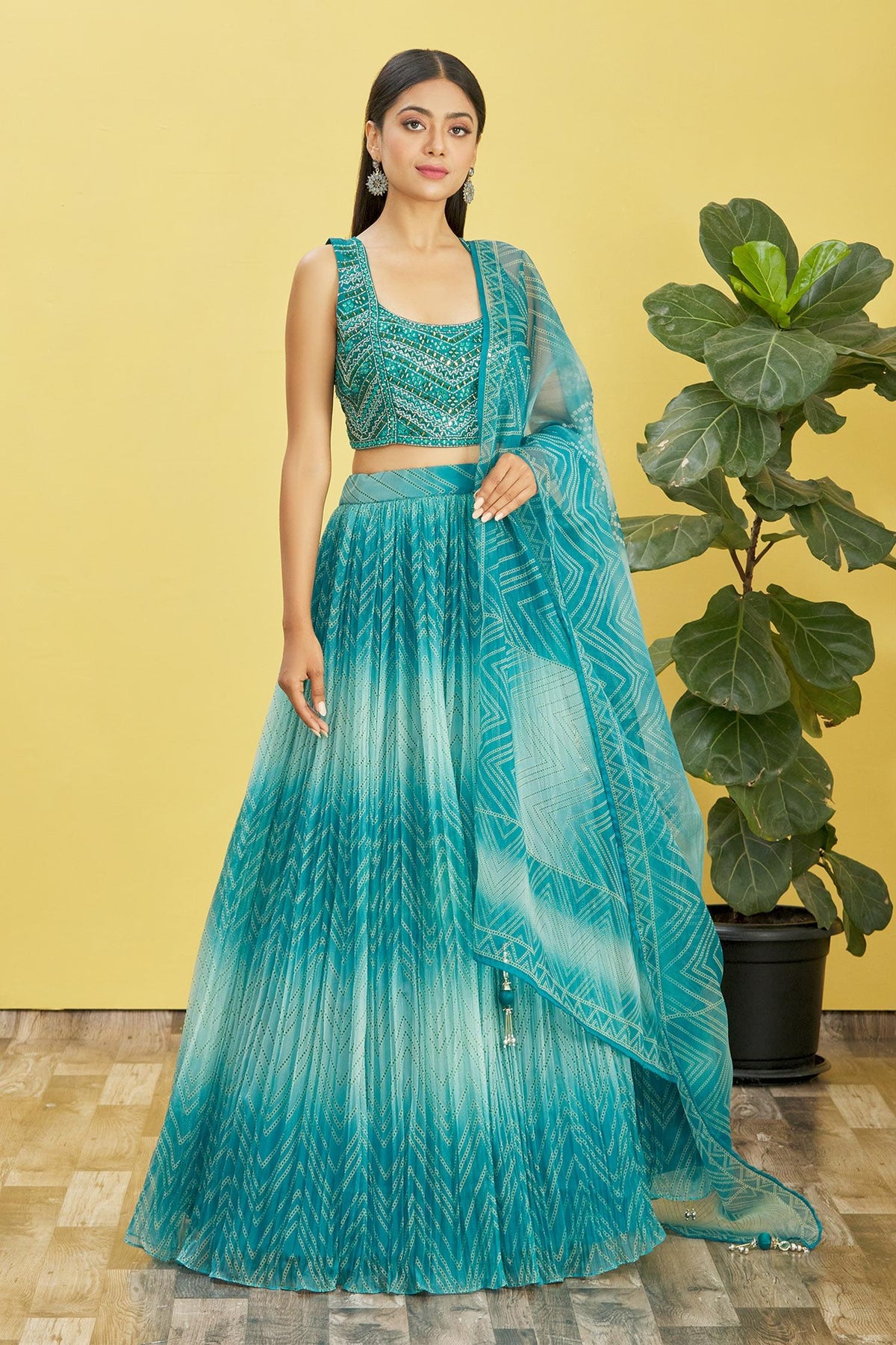 Blue Printed Net Lehenga Choli