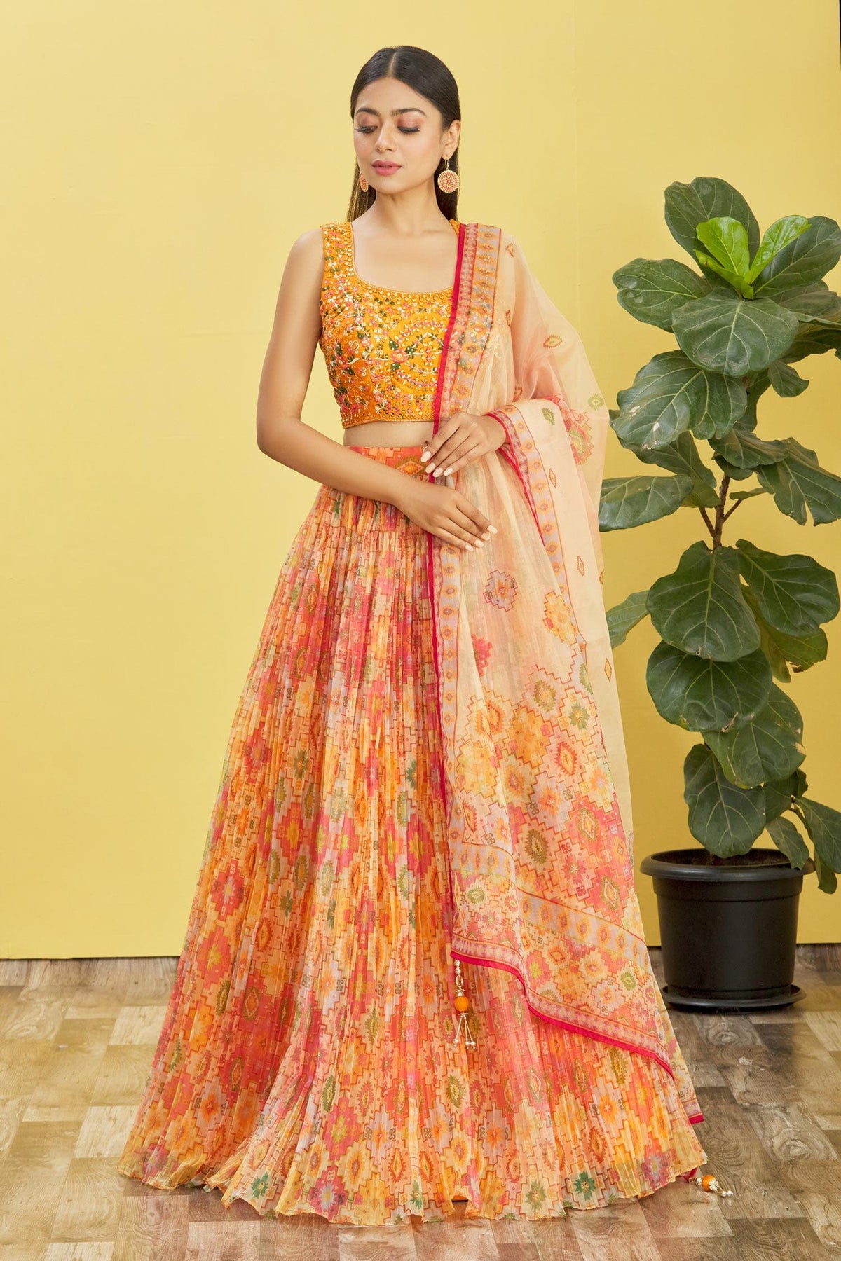 Light Yellow Printed Net Lehenga Choli