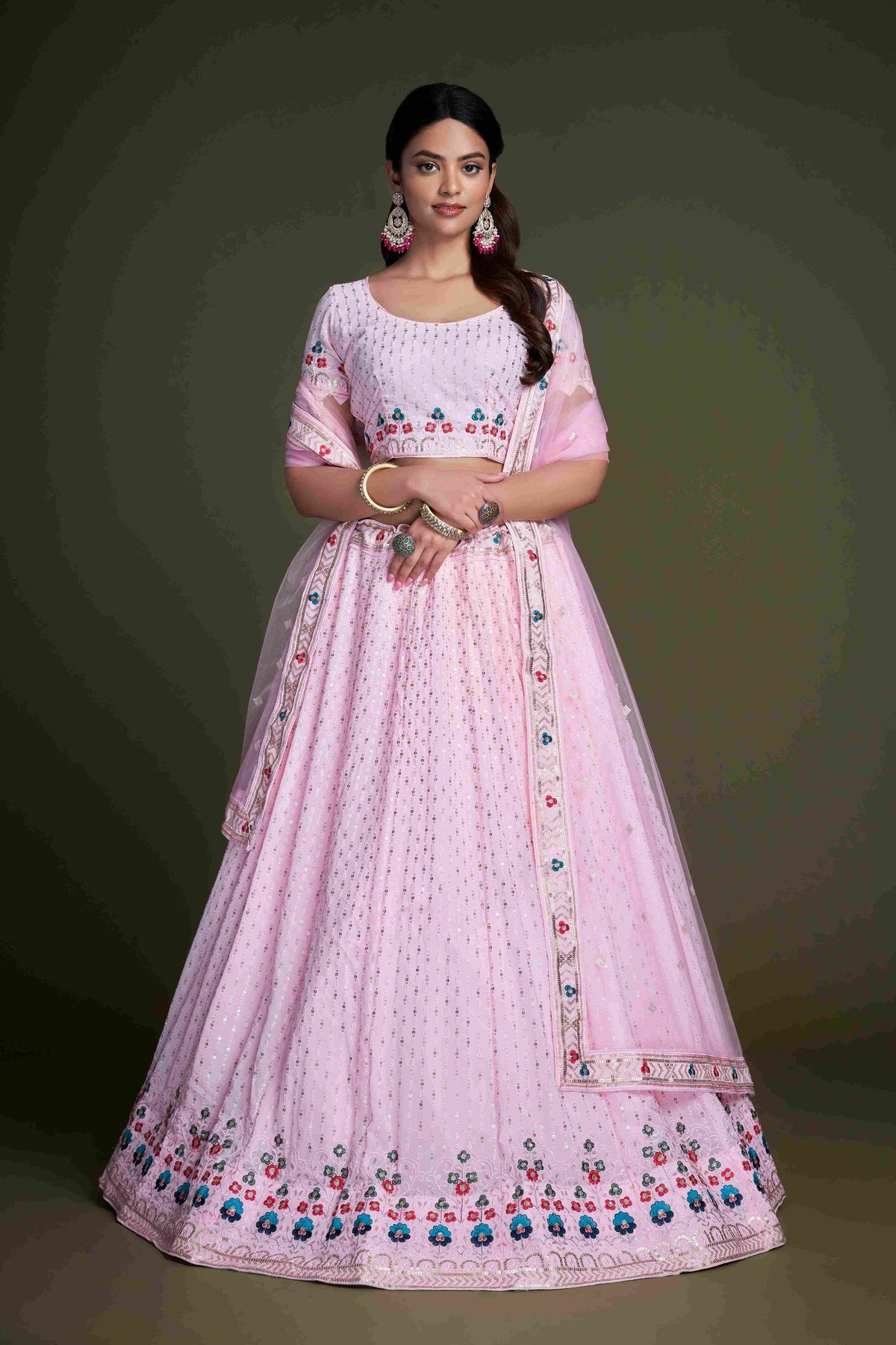 Rose Pink Sequins Embroidered Net Lehenga Choli