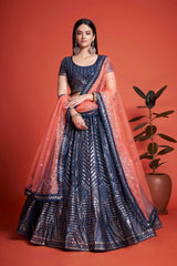 Blue Sequins Embroidered Net Lehenga Choli