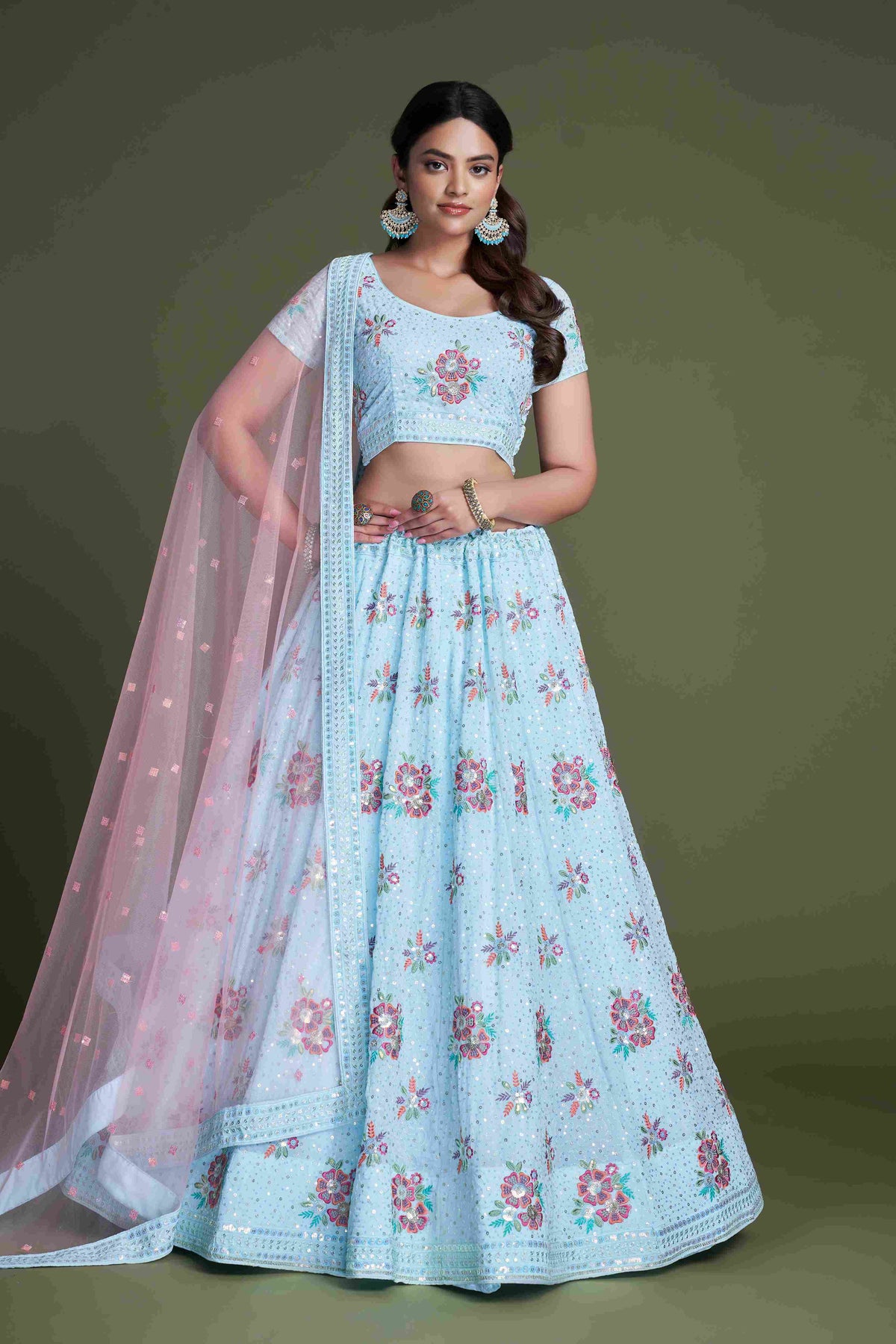 Sky Blue Sequins Embroidered Net Lehenga Choli