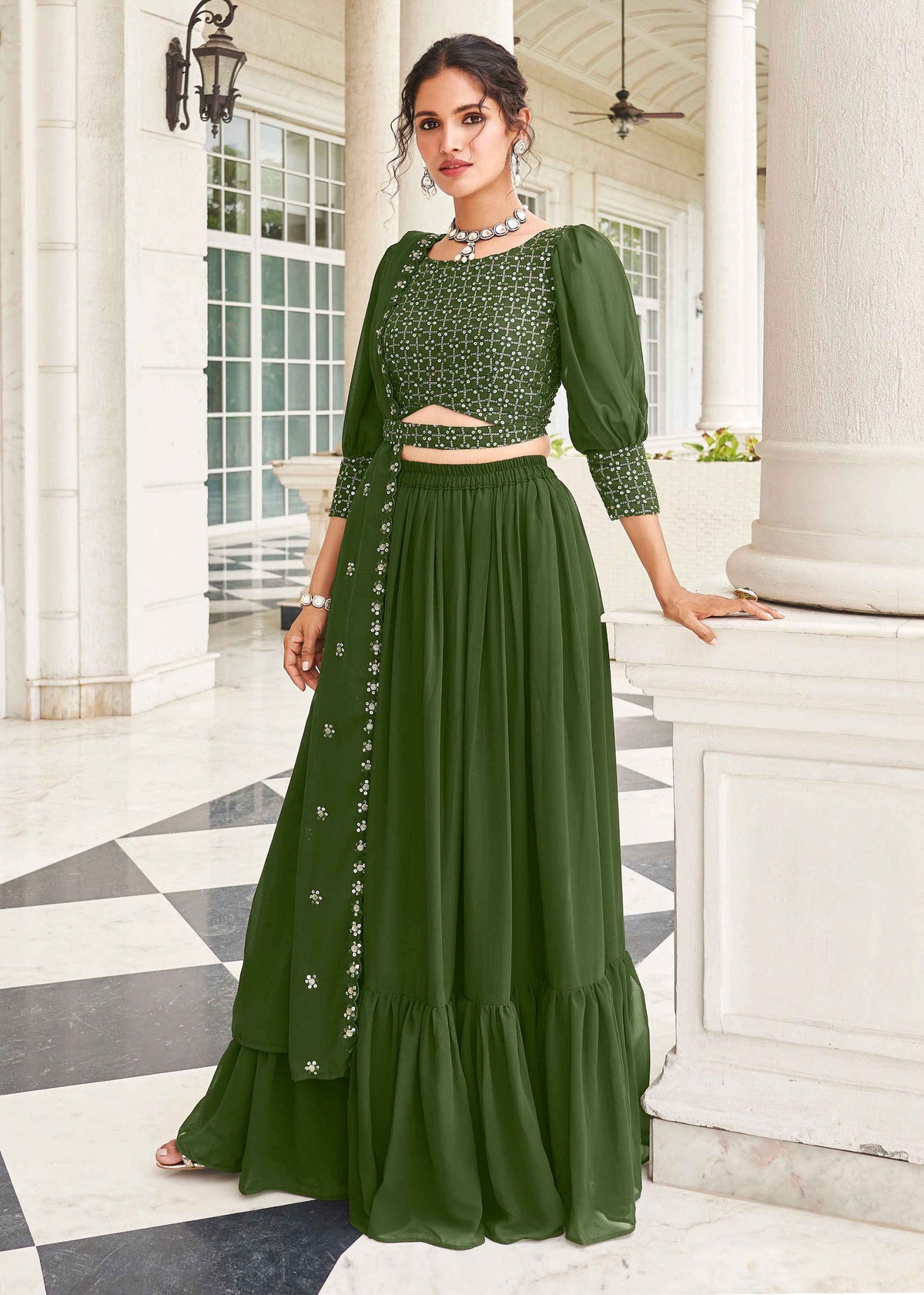 Mahendi Thread Sequins Embroidered Faux Georgette Lehenga Choli