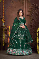 Green Georgette Embroidered Lehenga Choli