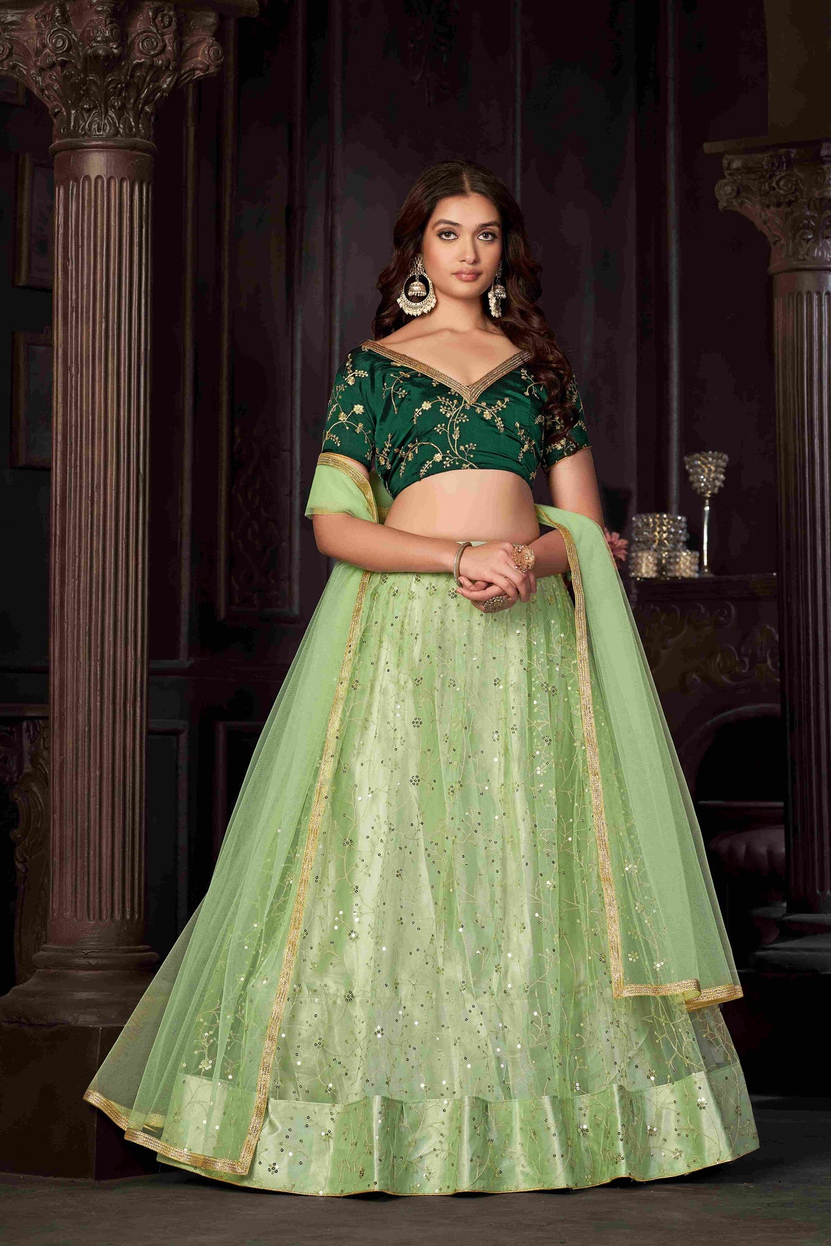 Pista Net Brodé Lehenga Choli