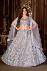 Lehenga Choli brodé à paillettes en fil de filet bleu