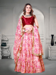 Lehenga Choli en organza rose imprimé numériquement