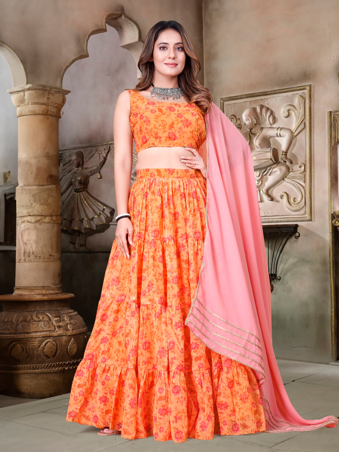 Orange Organza Digital Printed Lehenga Choli