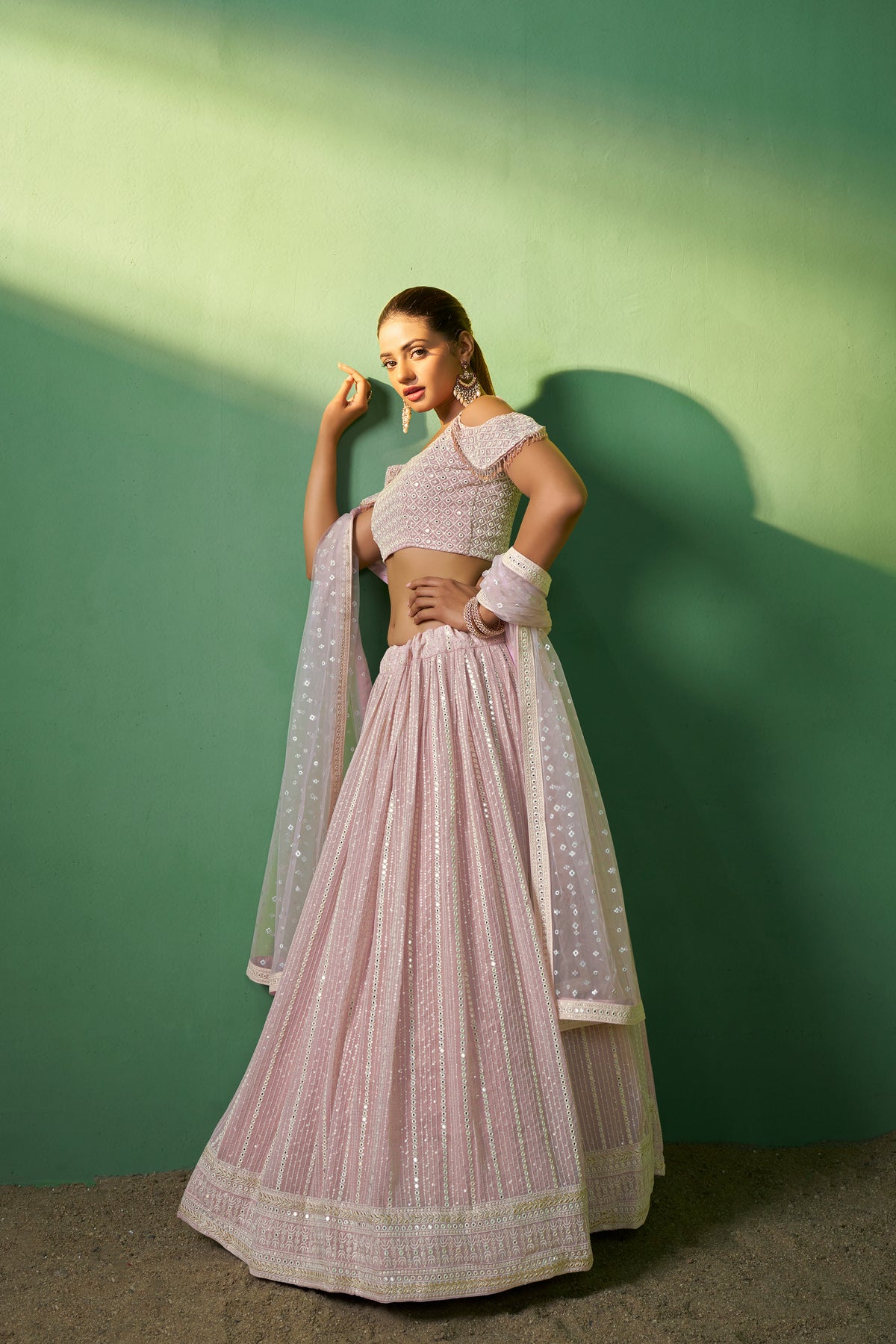 Pink Georgette Sequins Embroidered Lehenga Choli