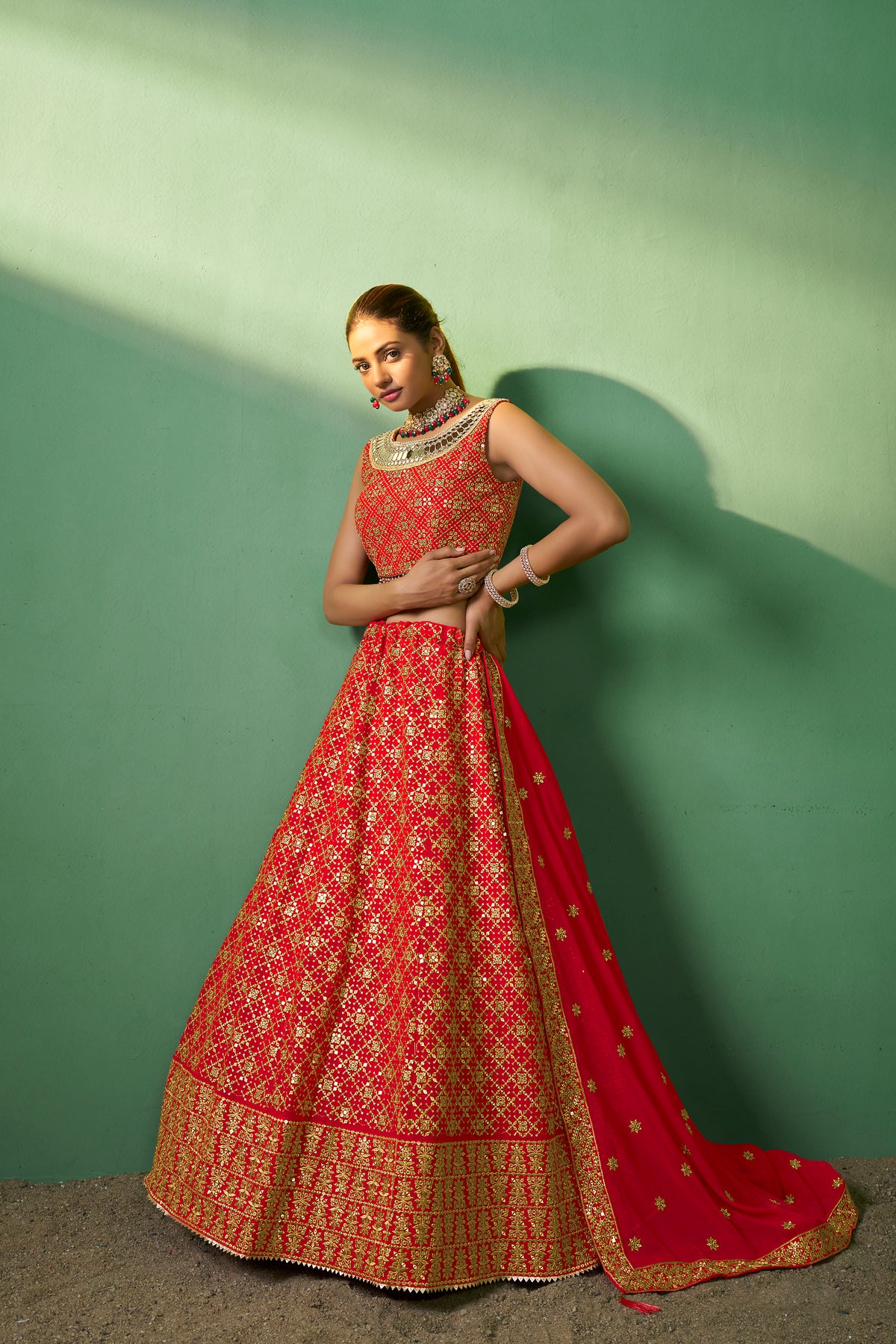 Red Ready to Wear Georgette Sequins Embroidered Lehenga Choli