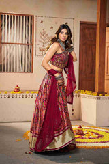 Maroon Silk Thread Embroidered Navratri Lehenga Choli